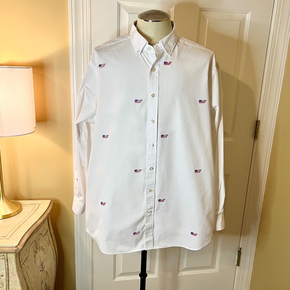 EUC Mens Vineyard Vines Slim Fit Murray Shirt White American Flag Whales XXL 2XL - Picture 2 of 3
